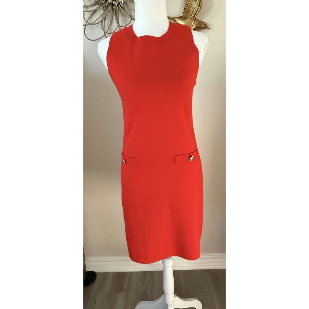 LOFT Petite XS Orange Red Sweater Dress Sleeveless Sheath Gold Button Knit